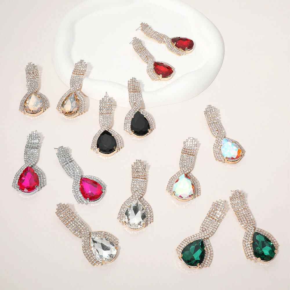 Red Teardrop Glass Paved Evening Earrings