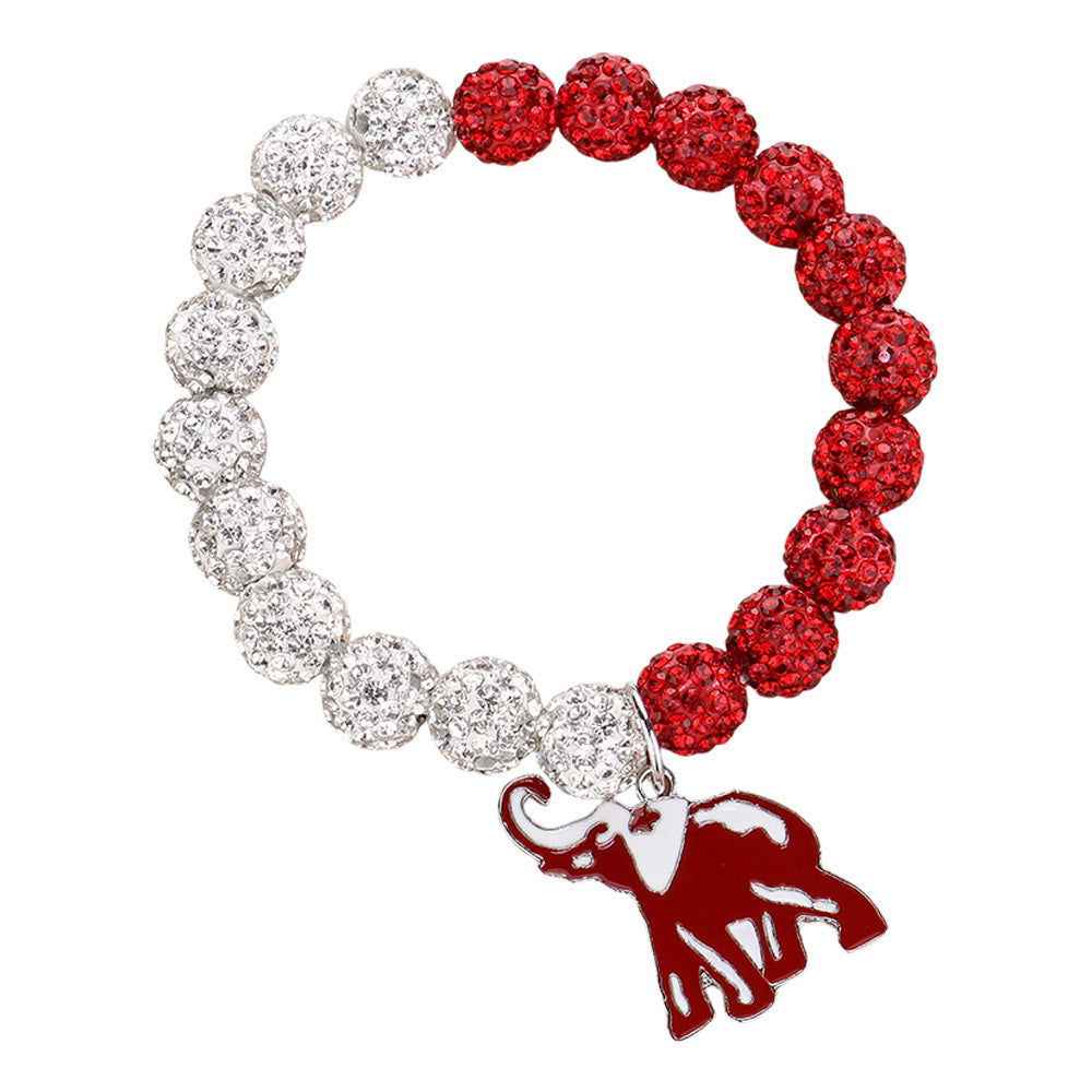 Red and White Elephant Charm Pointed Shamballa Ball Beaded Stretch Bracelet