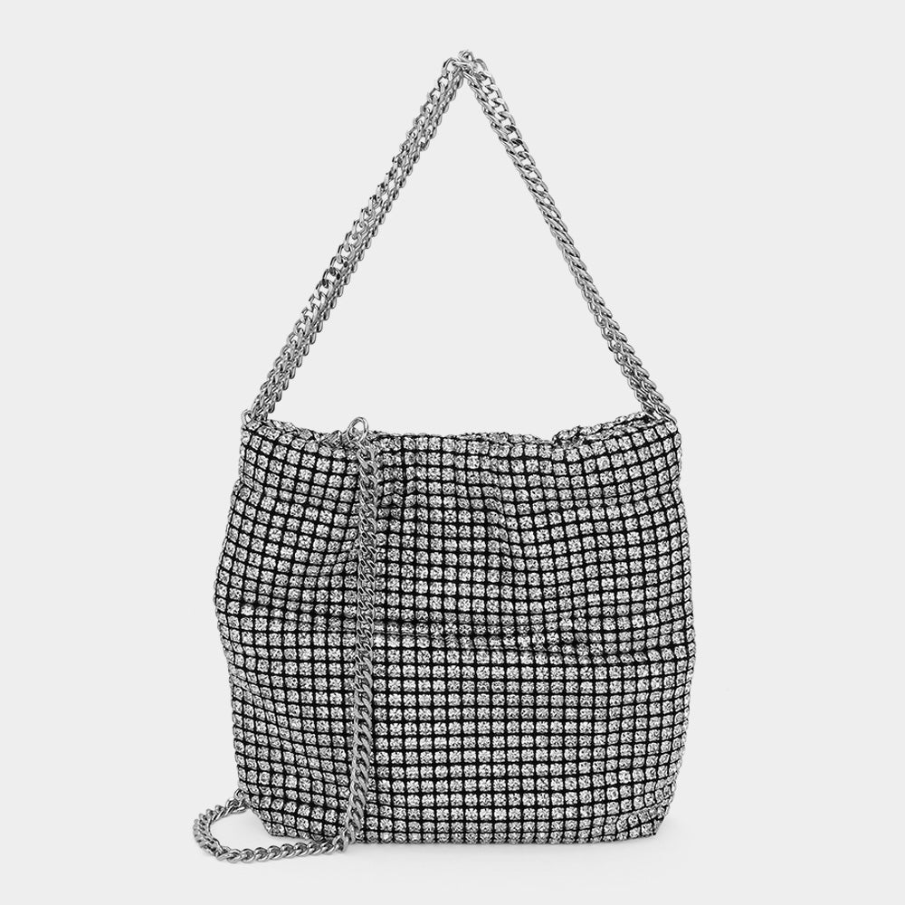 Rhinestone Bling Studded Mesh Bucket Evening Bag / Crossbody Bag - M H W ACCESSORIES LLC