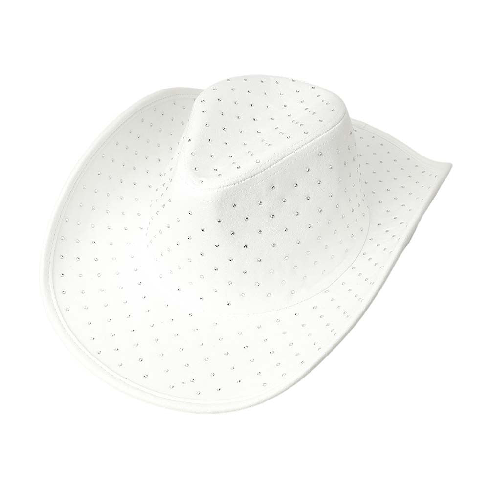 Rhinestone Embellished White Faux Suede Western Fedora Cowboy Hat - M H W ACCESSORIES LLC