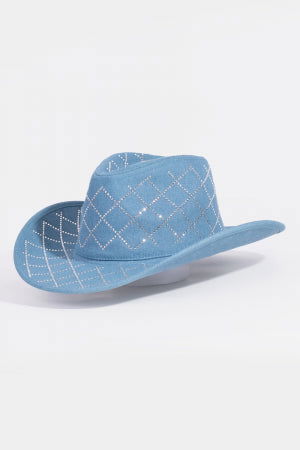 Rhinestone Mesh Pattern Denim Western Cowboy Fedora Hat - M H W ACCESSORIES LLC