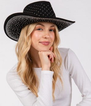 Rhinestone Studded Dark Black Denim Cowboy Hat - M H W ACCESSORIES LLC