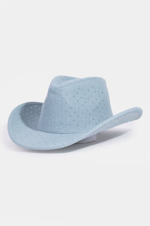 Rhinestone Studded Light Denim Western Cowboy Fedora Hat - M H W ACCESSORIES LLC