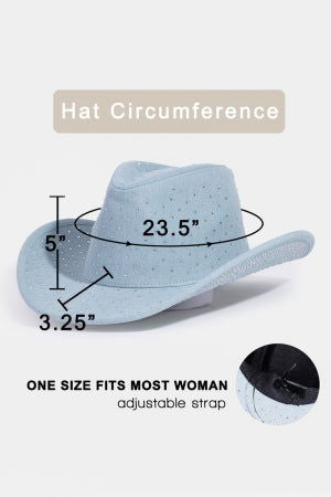 Rhinestone Studded Light Denim Western Cowboy Fedora Hat - M H W ACCESSORIES LLC