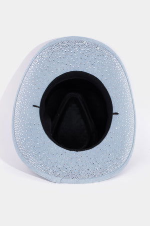 Rhinestone Studded Light Denim Western Cowboy Fedora Hat - M H W ACCESSORIES LLC