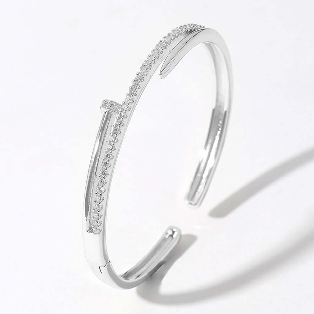 Rhodium CZ Stone Paved Nail Cuff Hinged Bracelet - M H W ACCESSORIES LLC