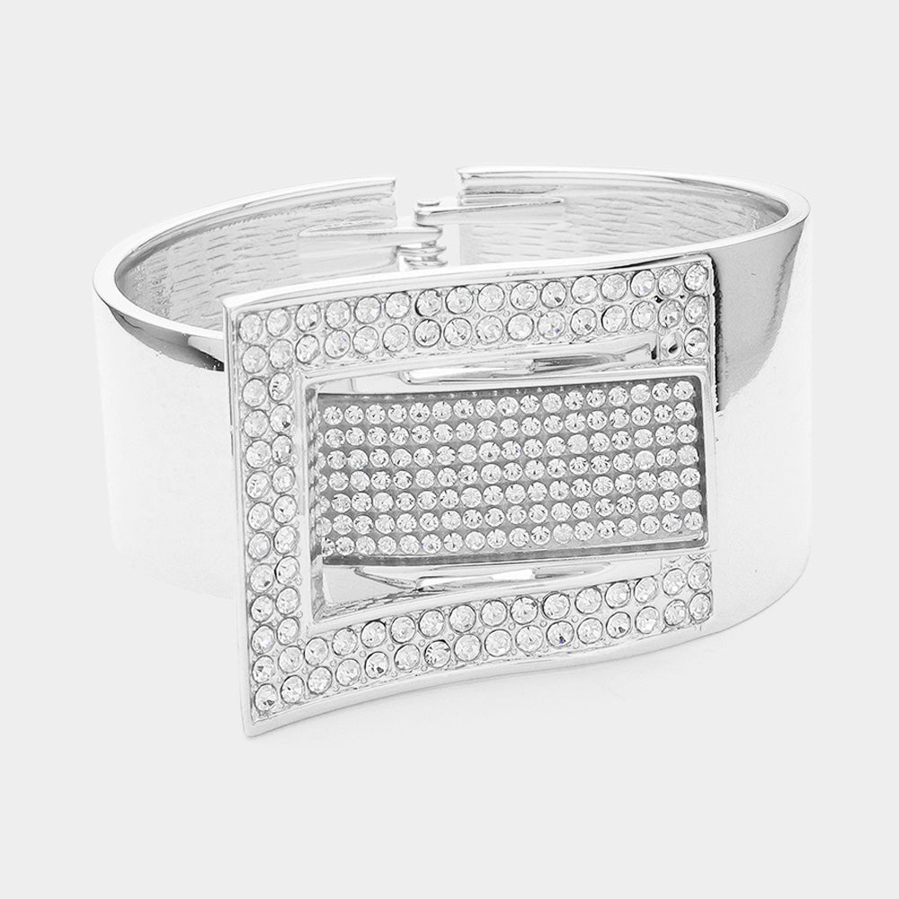 Rhodium Stone Paved Buckle Metal Hinged Bangle Bracelet - M H W ACCESSORIES LLC