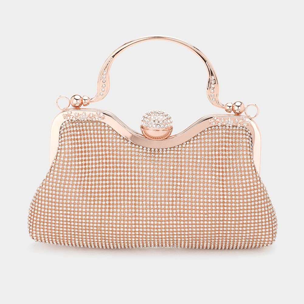Rose Gold Bling Rhinestone Mesh Top Handle Evening Bag / Crossbody Bag - M H W ACCESSORIES LLC