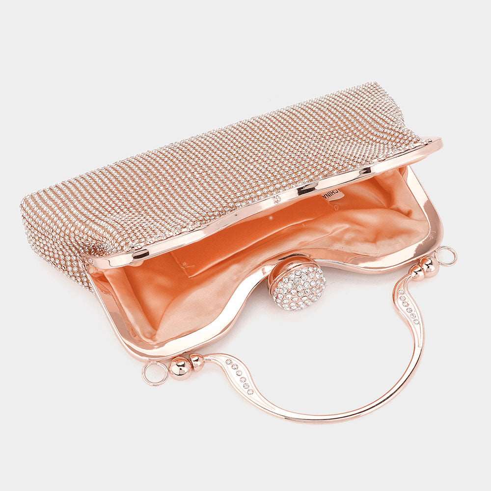 Rose Gold Bling Rhinestone Mesh Top Handle Evening Bag / Crossbody Bag - M H W ACCESSORIES LLC