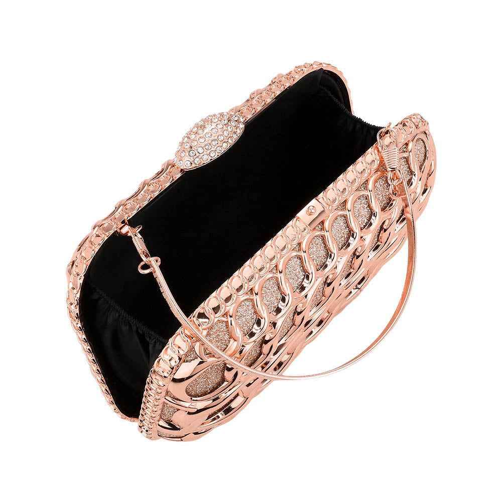 Rose Gold Metal Link Embellished Glittered Evening Clutch Bag