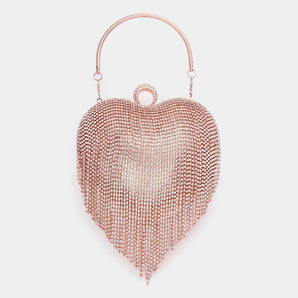 Rose Gold Rhinestone Fringe Heart Evening Tote / Clutch / Crossbody Bag