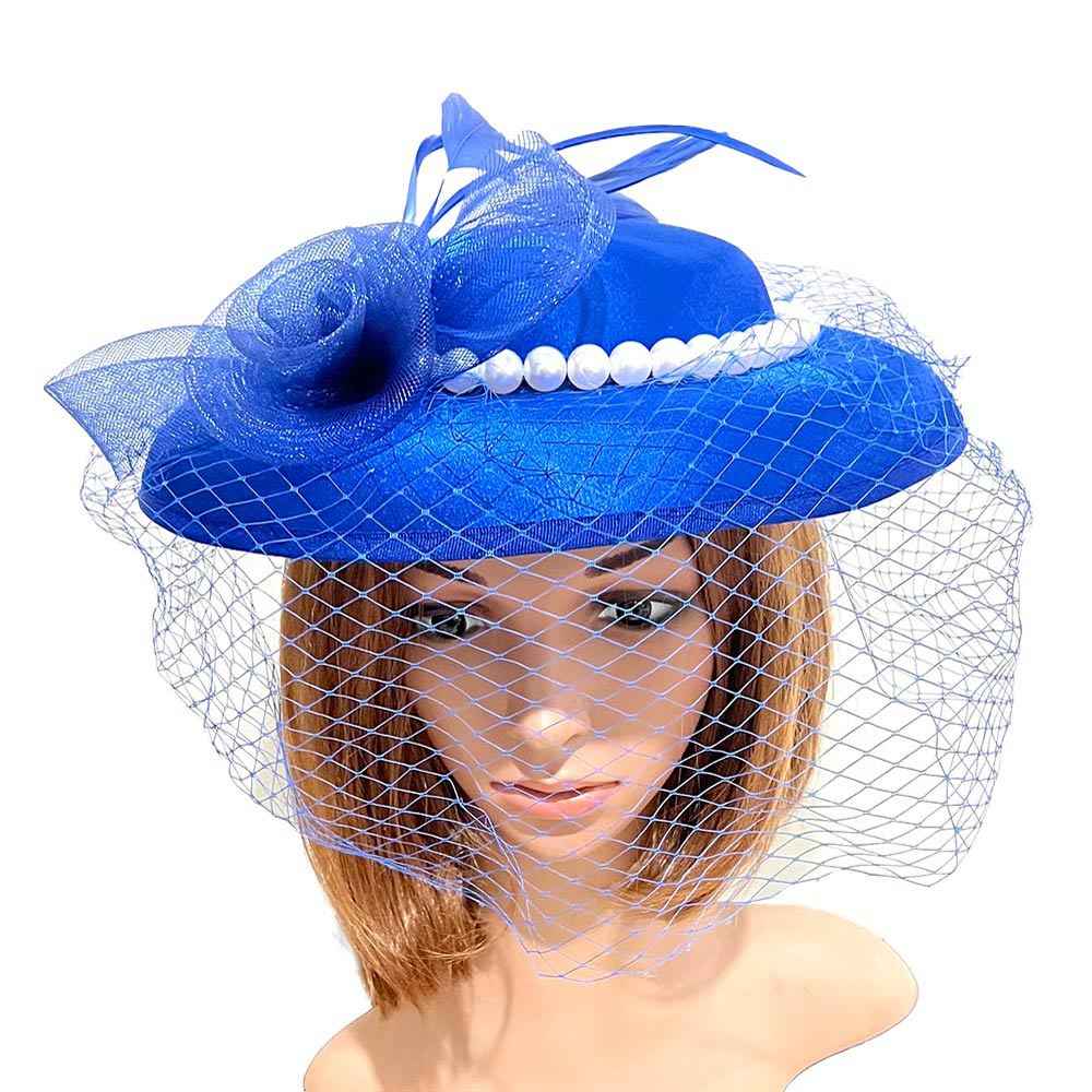 Royal Blue Mesh Flower Feather Pearl Trimmed Fascinator / Headband