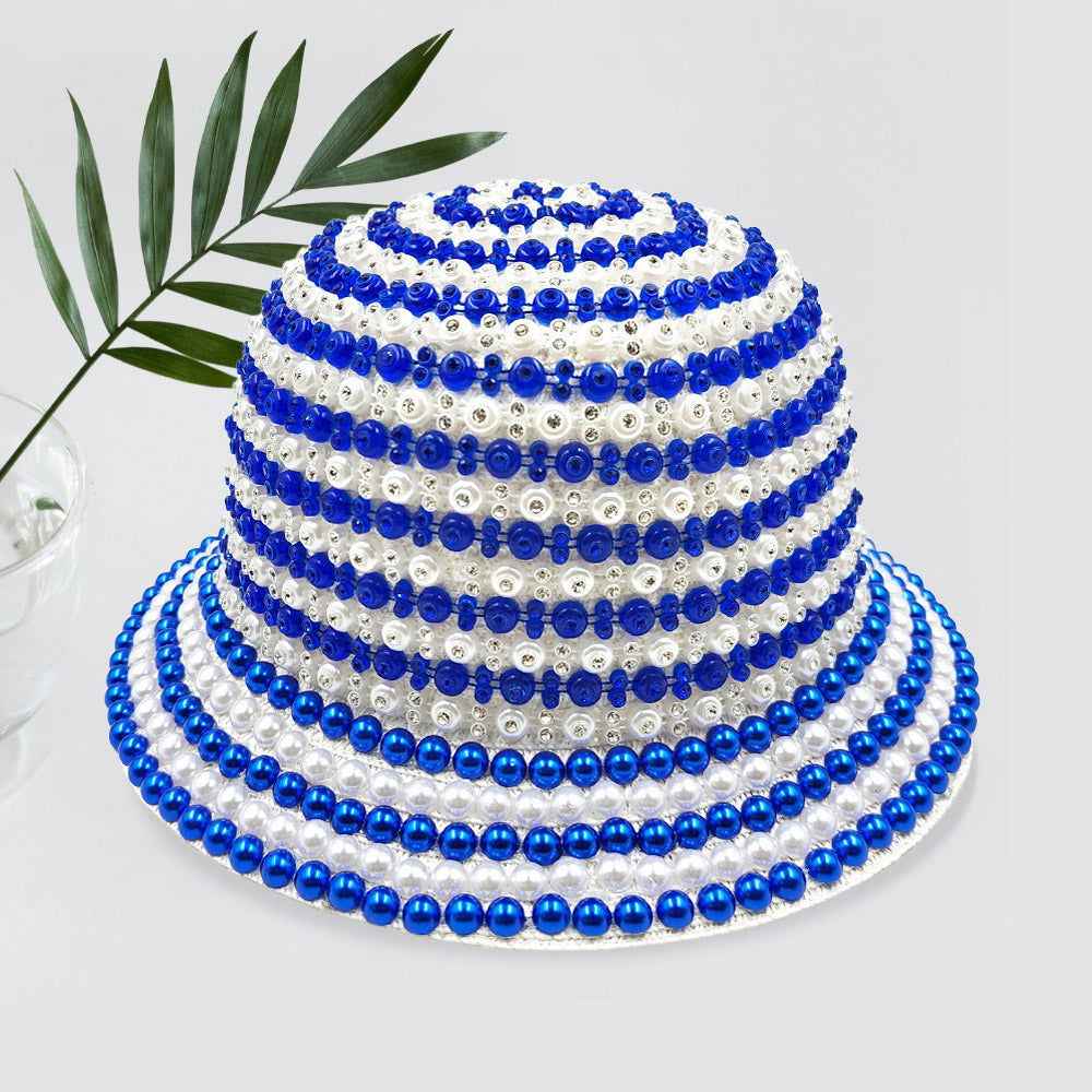 Royal Blue Pearl Rhinestone Embellished Bucket Hat