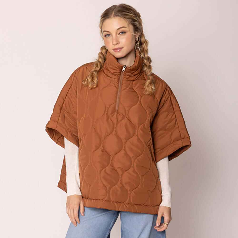 Rust Quilted Puffer Poncho