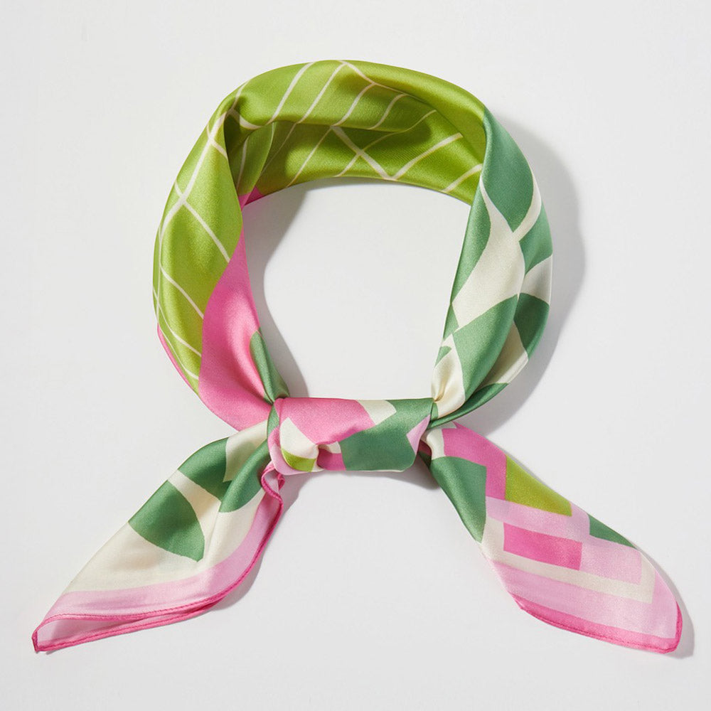 Pink & Green Geometric Color Block Print Square Bandana Scarf M H W ACCESSORIES LLC Pink & Green Geometric Color Block Print Square Bandana Scarf