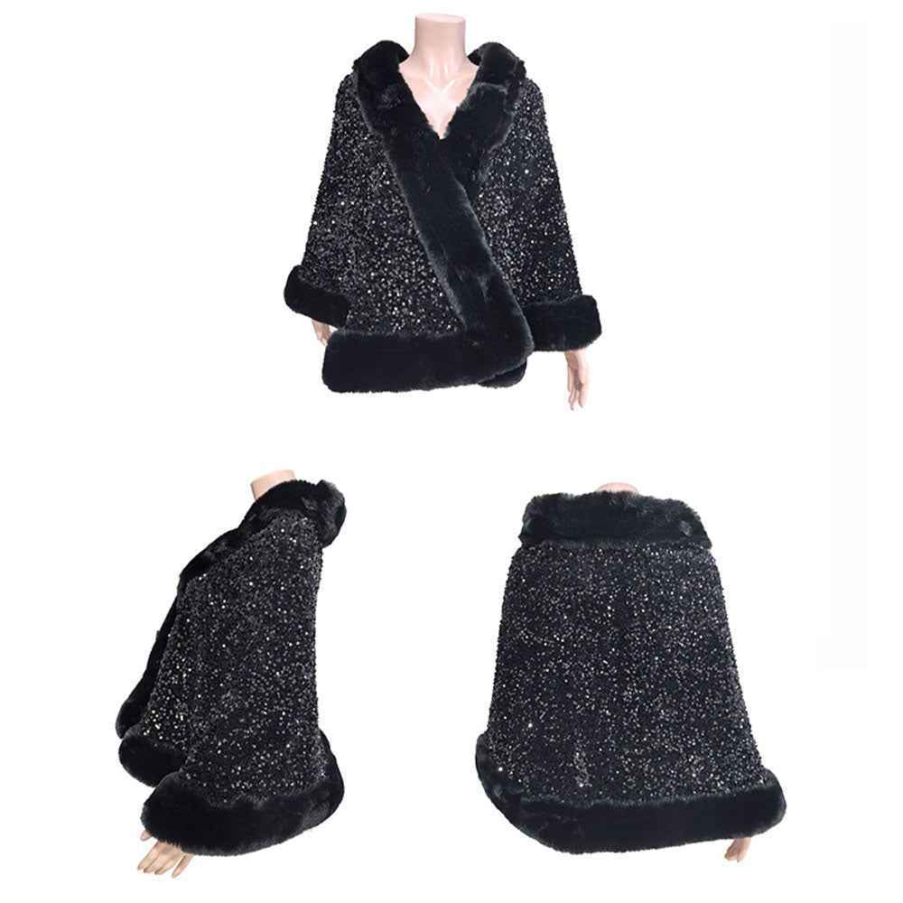 Black & Silver Festive Sequin Faux Fur Trim Shawl Poncho