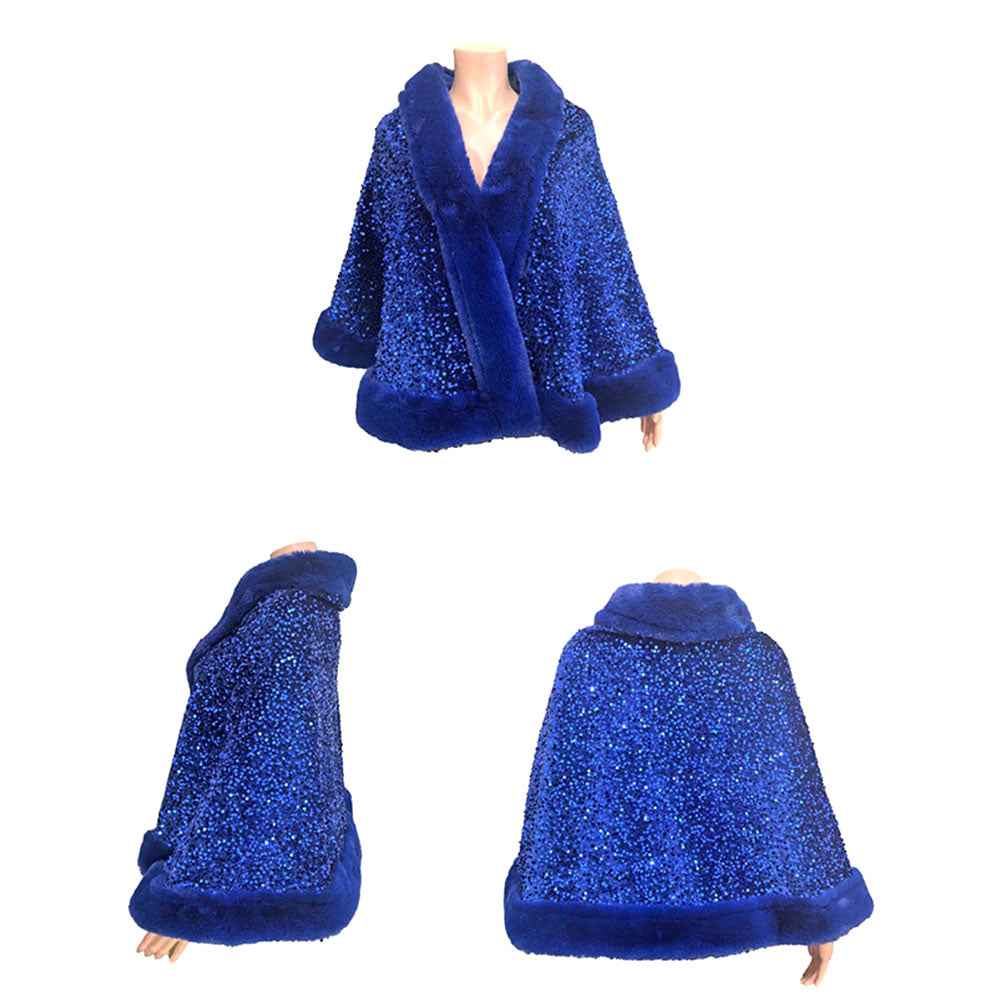 Royal Blue Festive Sequin Faux Fur Trim Shawl Poncho