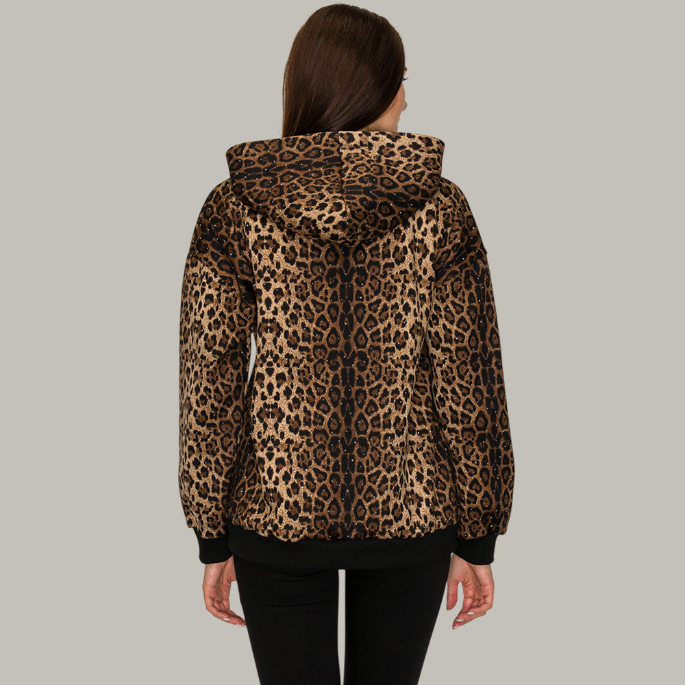 Rhinestone Studded Animal Leopard Pattern Hooded Jacket M H W ACCESSORIES LLC Rhinestone Studded Animal Leopard Pattern Hooded Jacket