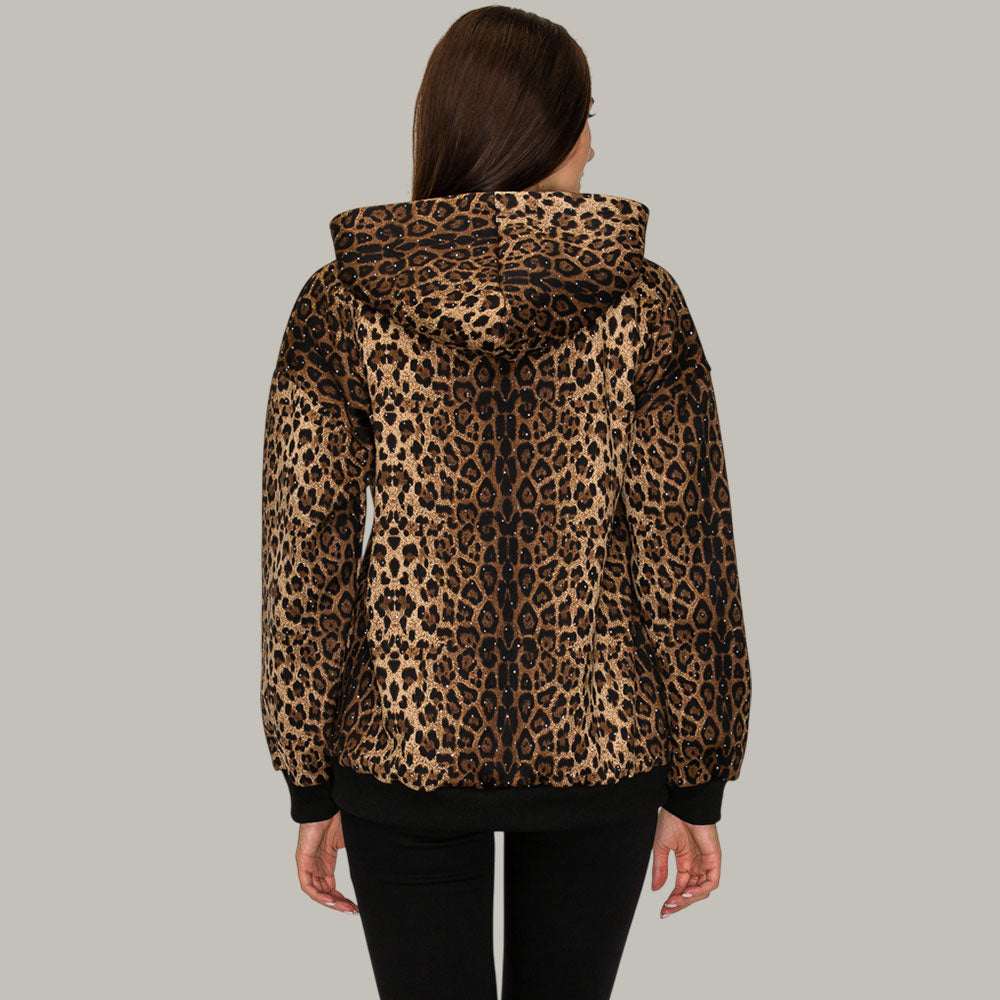 Rhinestone Studded Animal Leopard Pattern Hooded Jacket M H W ACCESSORIES LLC Rhinestone Studded Animal Leopard Pattern Hooded Jacket