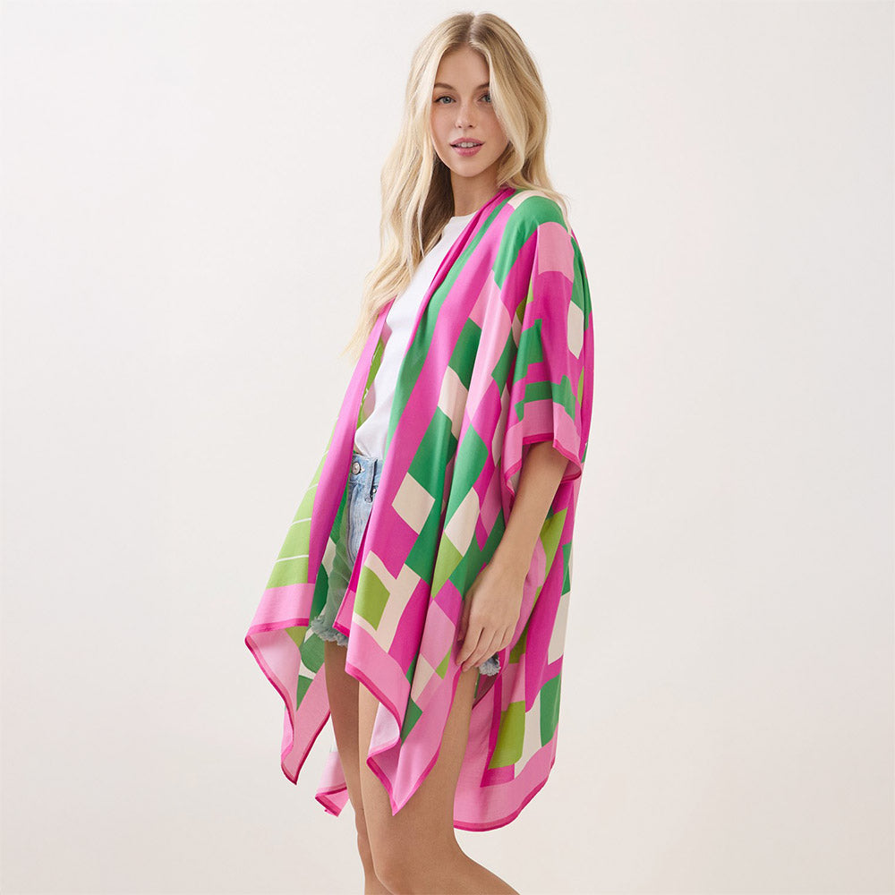 Pink & Green Geometric Pattern Kimono Poncho Wrap M H W ACCESSORIES LLC Pink & Green Geometric Pattern Kimono Poncho Wrap