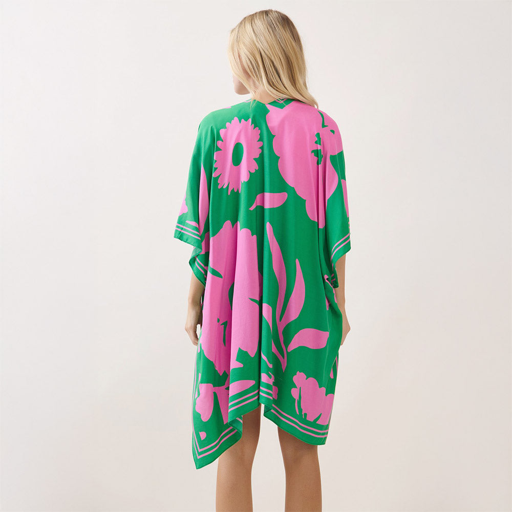 Pink & Green Lightweight Floral Pattern Kimono Poncho Wrap M H W ACCESSORIES LLC Pink & Green Lightweight Floral Pattern Kimono Poncho Wrap
