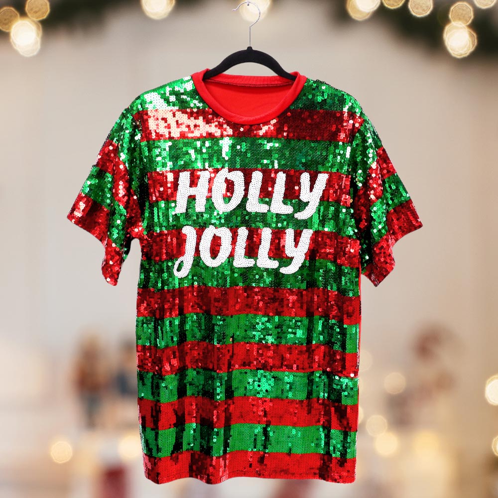 HOLLY JOLLY Message Christmas Sequin Jersey Top-Plus Size
