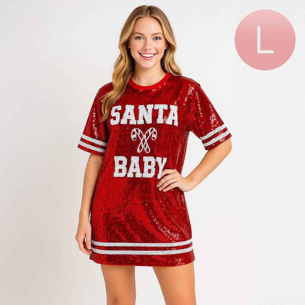 Santa Baby Message Christmas Red Sequin Jersey Top-Large
