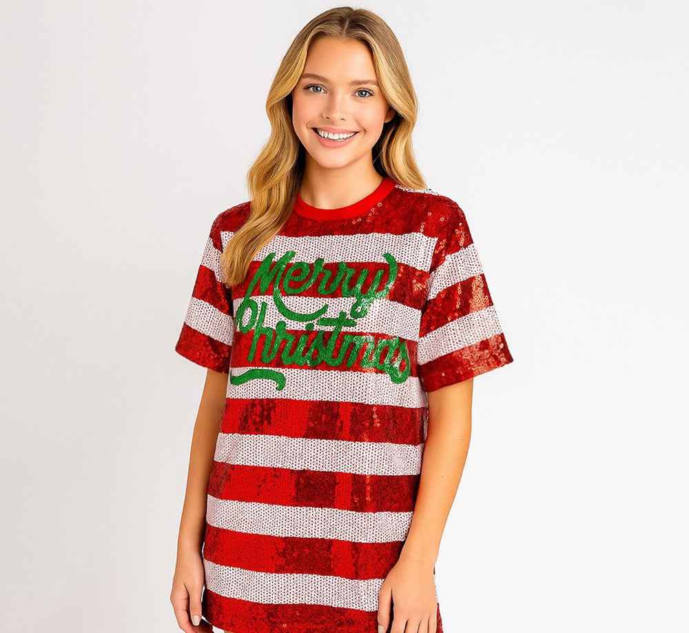 Sequin MERRY CHRISTMAS Striped Holiday Long Party Shirt-Size-Large