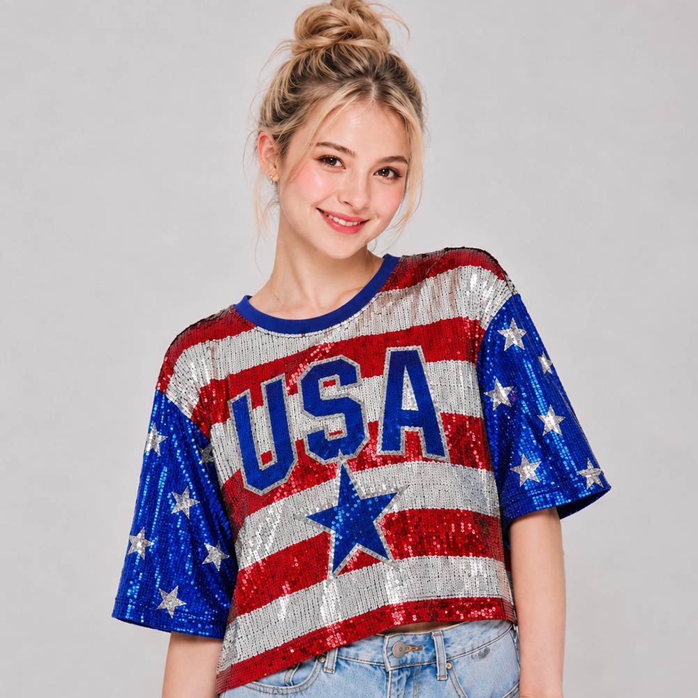American USA Festive Sequin Patriot Graphic Top for Women M H W ACCESSORIES LLC American USA Festive Sequin Patriot Graphic Top for Women