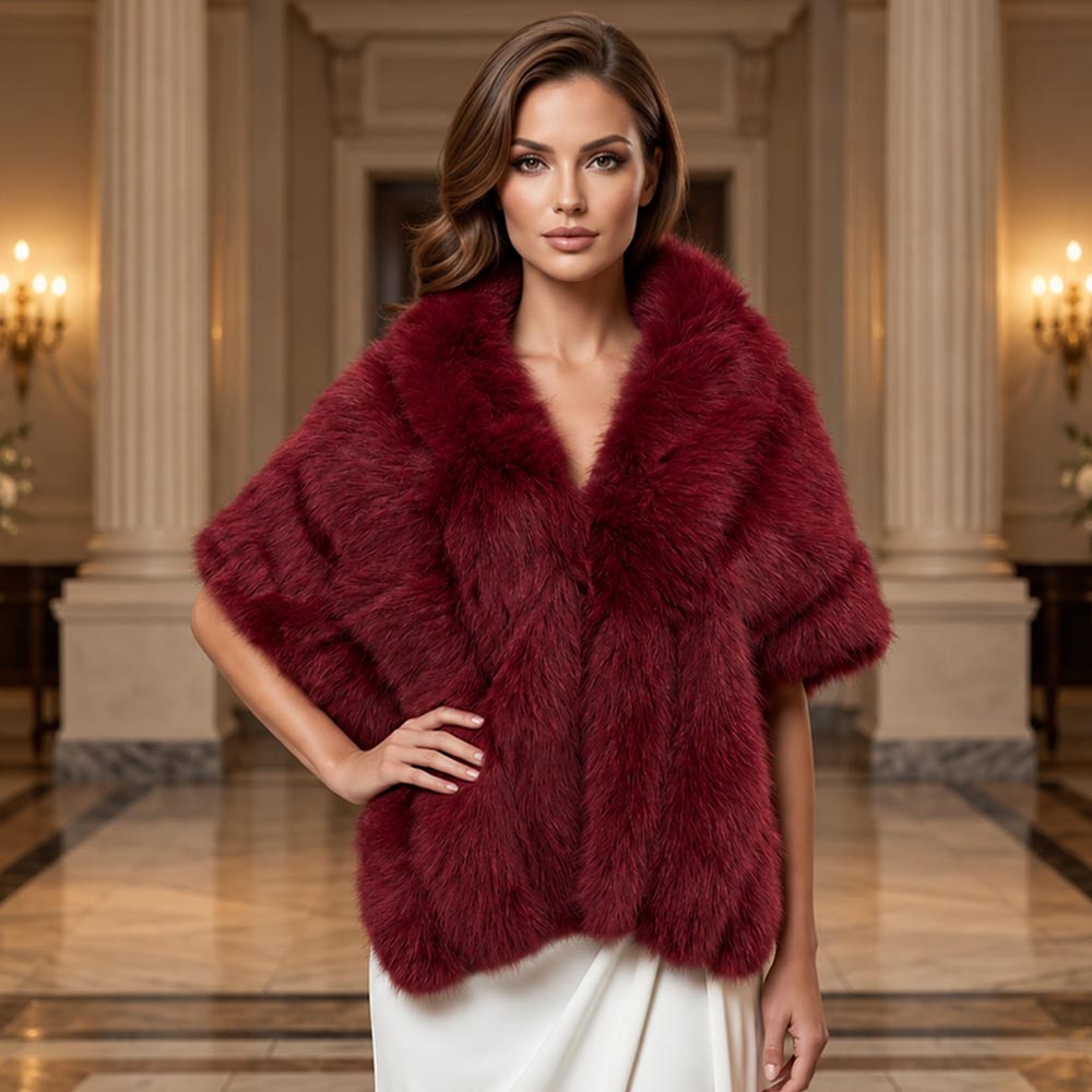 Burgundy Faux Fur Shawl Wrap Poncho M H W ACCESSORIES LLC Burgundy Faux Fur Shawl Wrap Poncho
