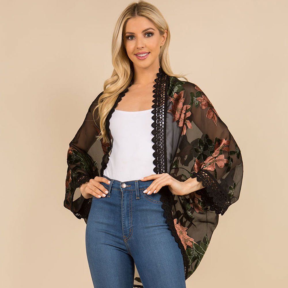 Scalloped Lace Trim Open Front Burnout Pink Floral Print Kimono Wrap Poncho