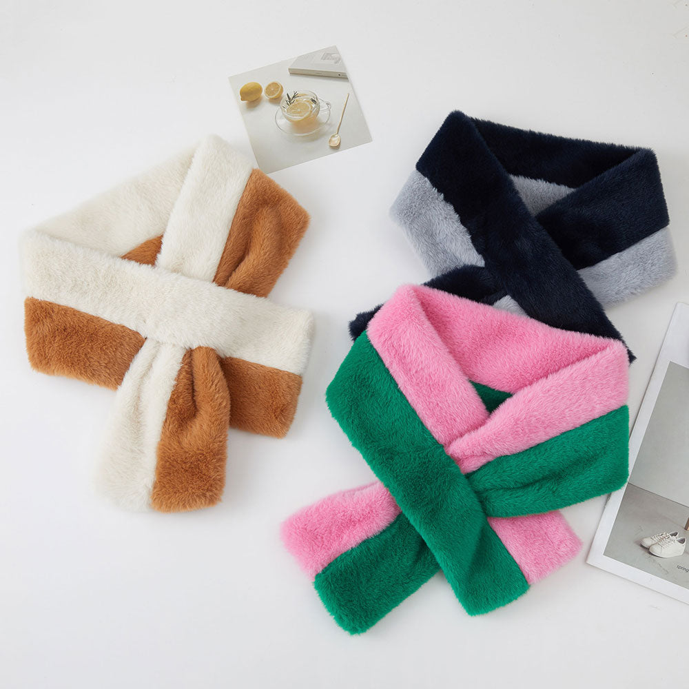 Two Tone Plush Pink & Green Faux Fur Pull Through Winter Scarf M H W ACCESSORIES LLC Two Tone Plush Pink & Green Faux Fur Pull Through Winter Scarf