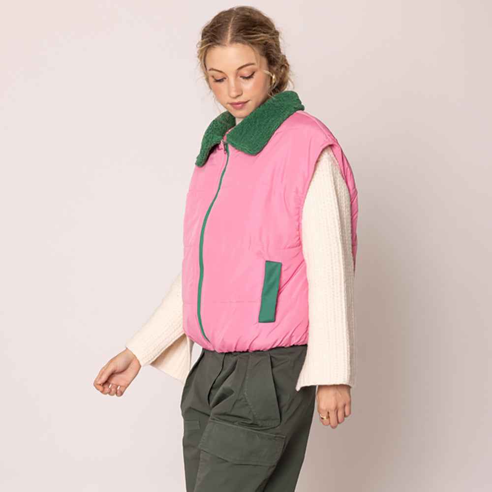 Pink & Green Zip-Up Shearing Collar Puffer Vest