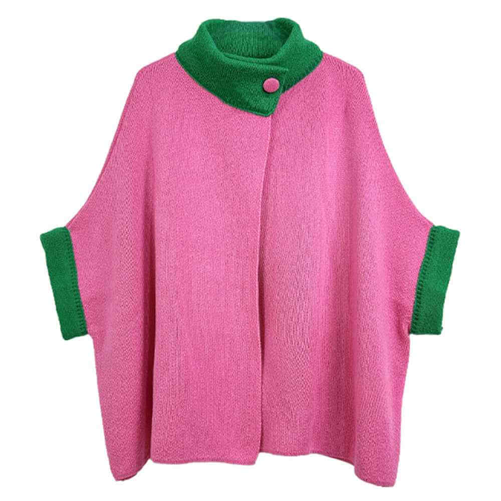 Pink & Green Solid Neck Button Cardigan