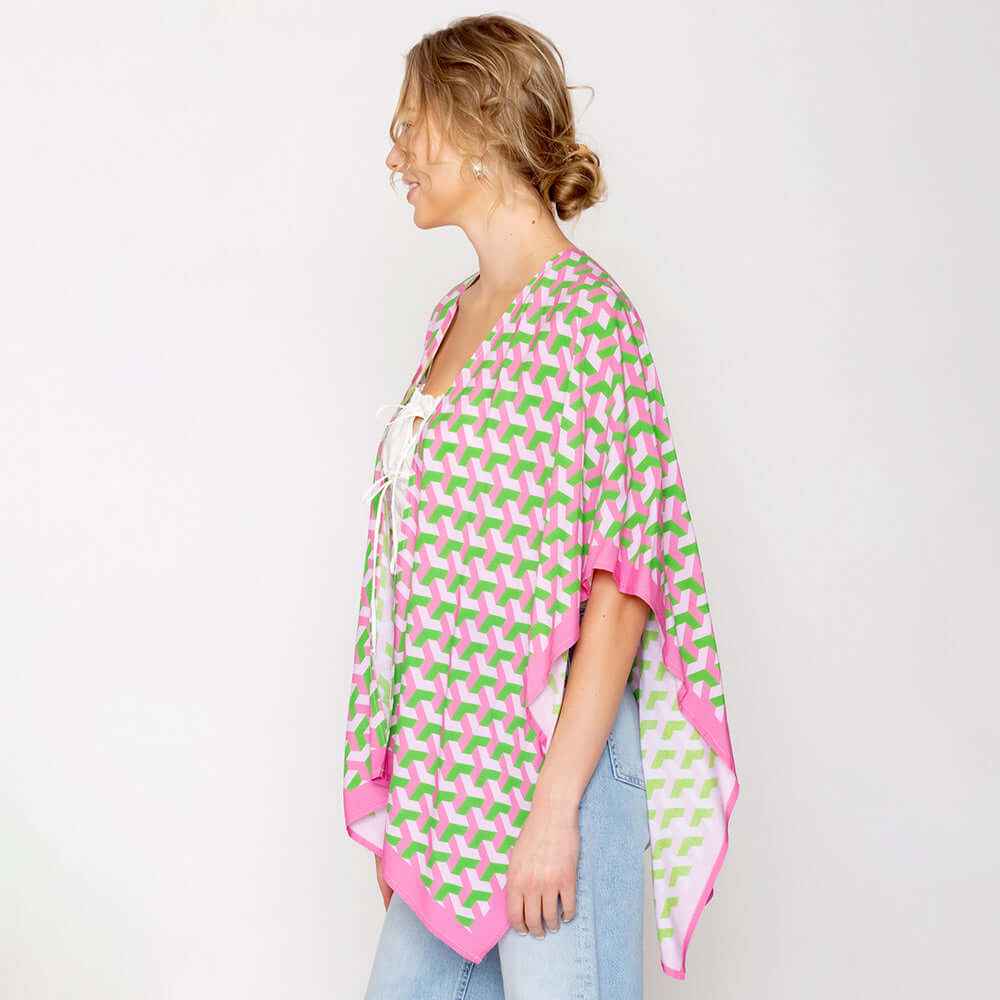 Pink & Green Geometric Pattern Print Ruana Poncho