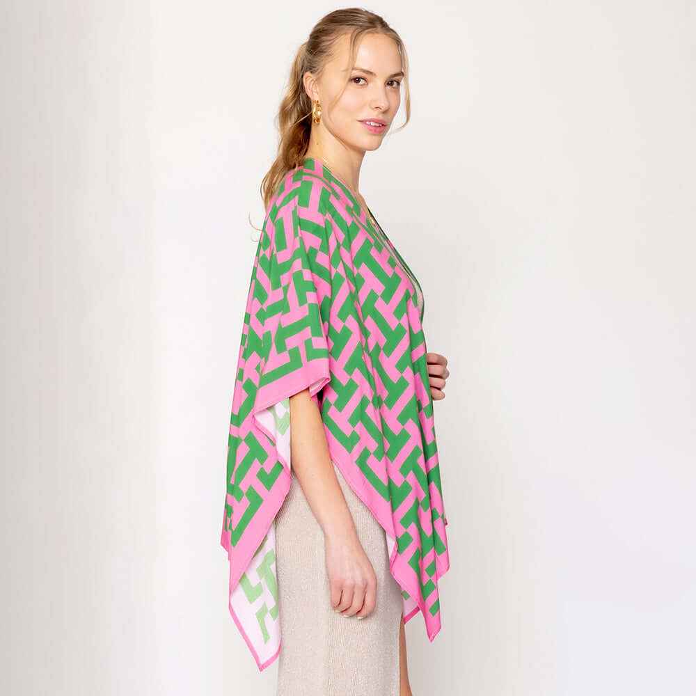 M H W ACCESSORIES Geometric Pink & Green Ruana Poncho