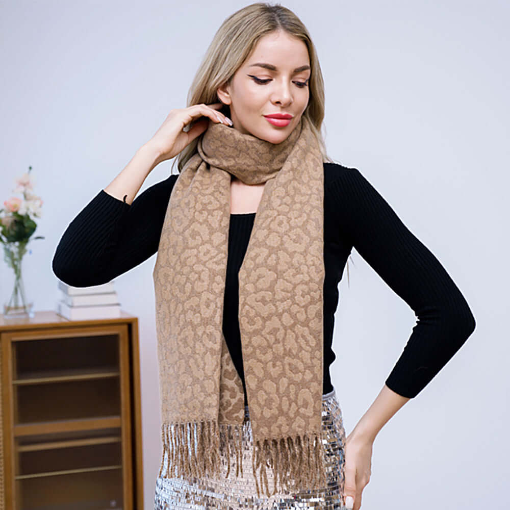 Beige Leopard Pattern Fringe Winter Scarf - M H W ACCESSORIES LLC