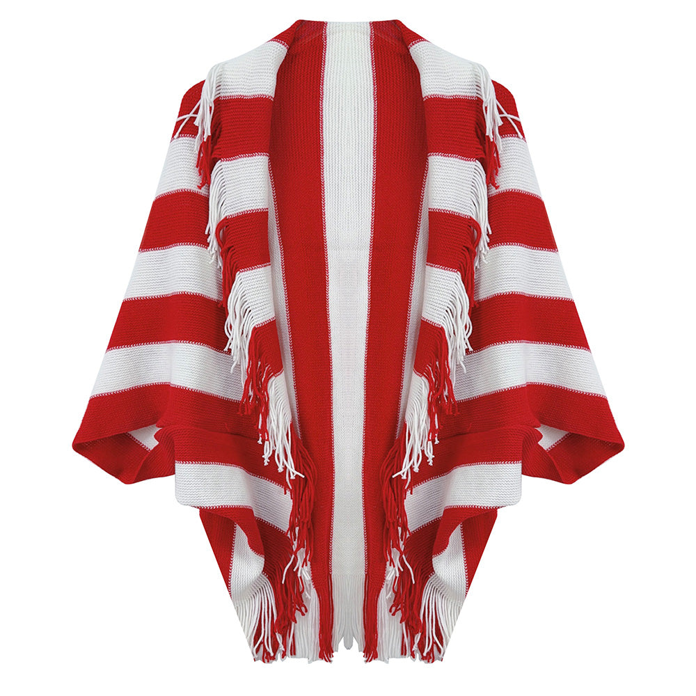 Red and White Open Front Striped Fringe Cocoon Shawl Wrap