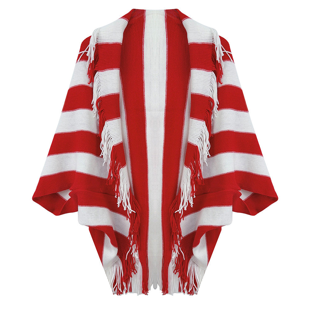 Red and White Open Front Striped Fringe Cocoon Shawl Wrap M H W ACCESSORIES LLC Red and White Open Front Striped Fringe Cocoon Shawl Wrap