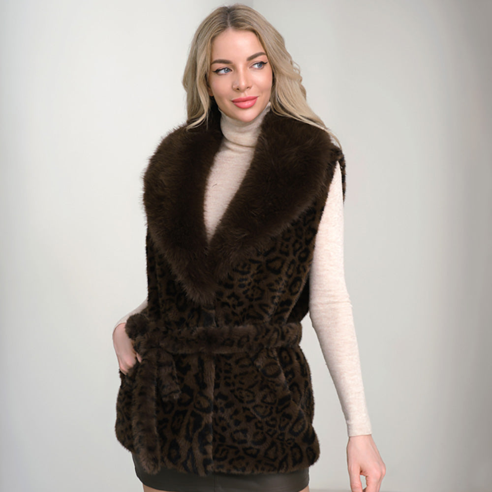 Animal Print Faux Fur Wide Collar Belted Vest-Small Medium