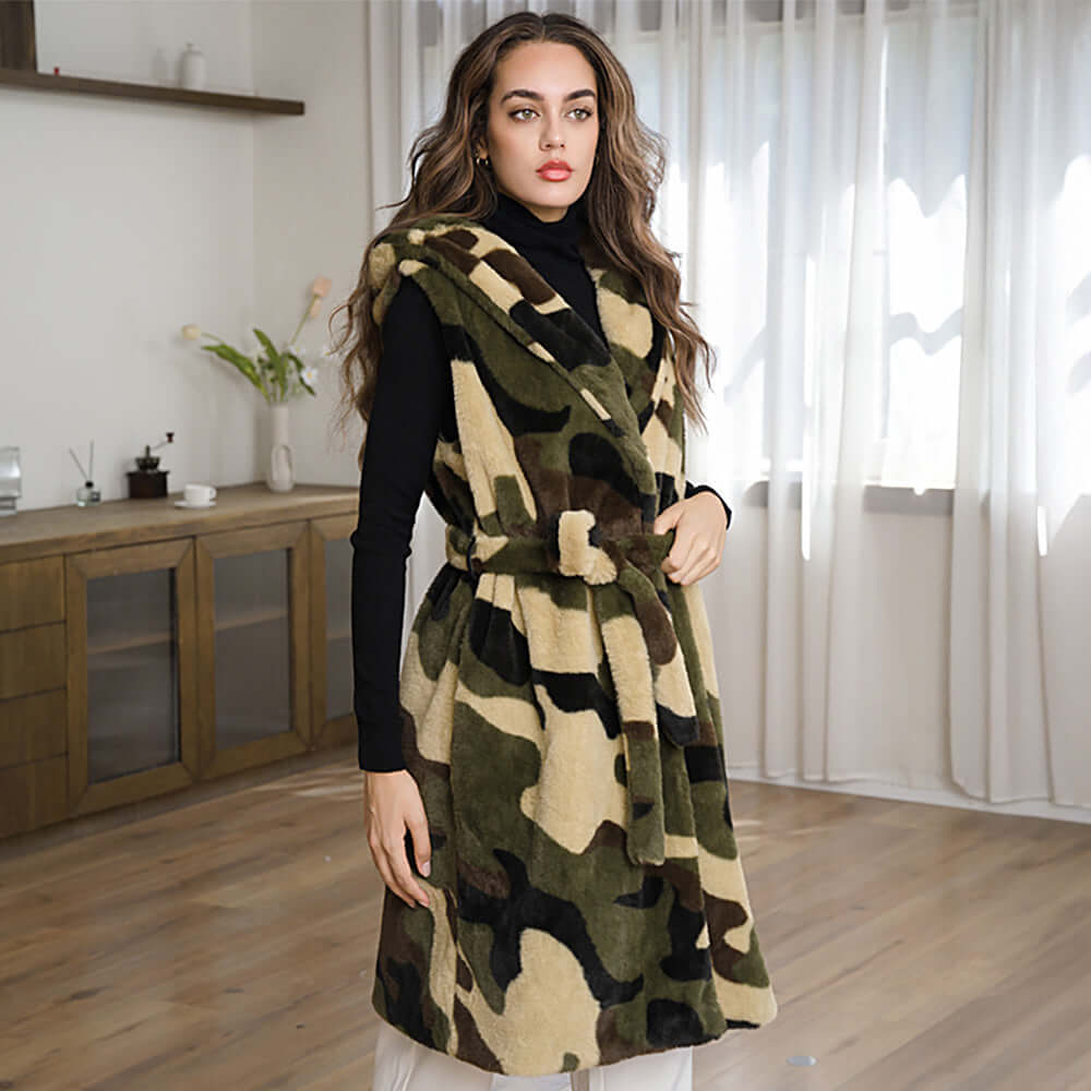 Olive Green Sleeveless Faux Fur Camo Pattern Belted Waist Long Vest - M H W ACCESSORIES LLC