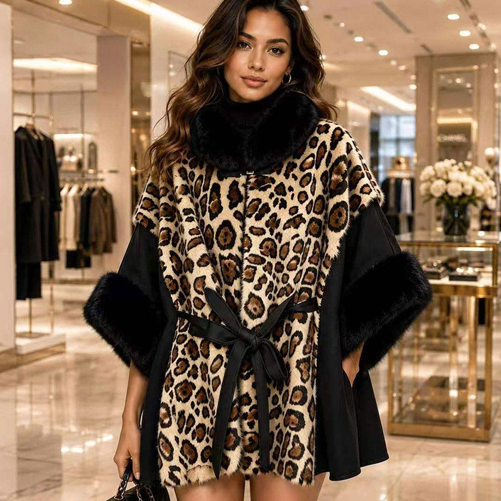 Faux Fur Animal Print Cape Poncho M H W ACCESSORIES LLC Faux Fur Animal Print Cape Poncho