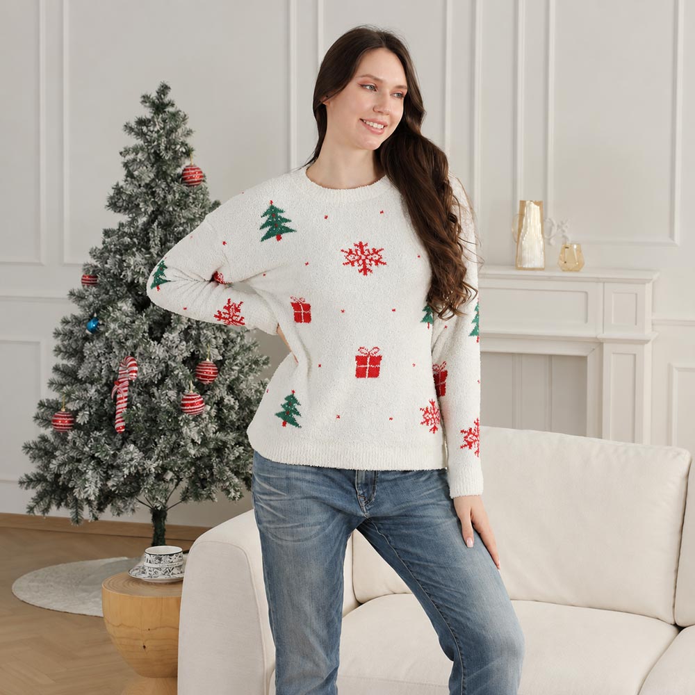 Red & White Sweet and Joyful Christmas Gift Snowflake Pattern Microfiber Plush Holiday Sweater M H W ACCESSORIES LLC Red & White Sweet and Joyful Christmas Gift Snowflake Pattern Microfiber Plush Holiday Sweater