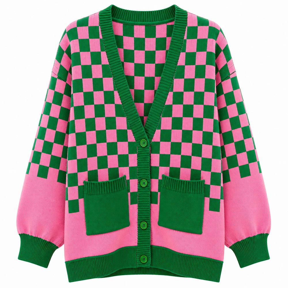 Pink & Green Checkerboard Pattern Button Front Cardigan M H W ACCESSORIES LLC Pink & Green Checkerboard Pattern Button Front Cardigan