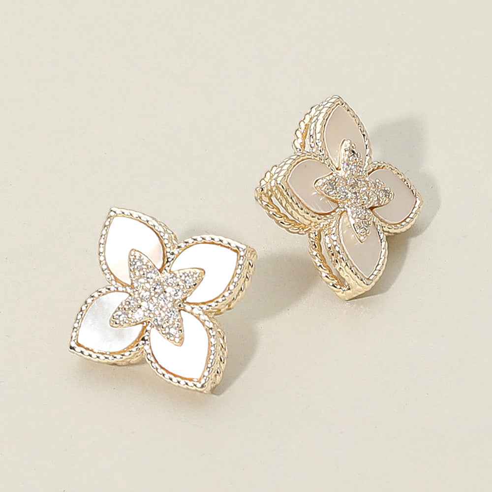 14K Gold Plated CZ Stone Paved Center Mother of Pearl Floral Clover Stud Earrings
