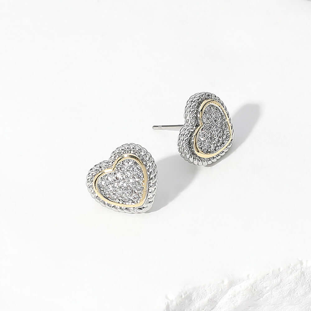 Two-Tone CZ Paved Heart Stud Earrings