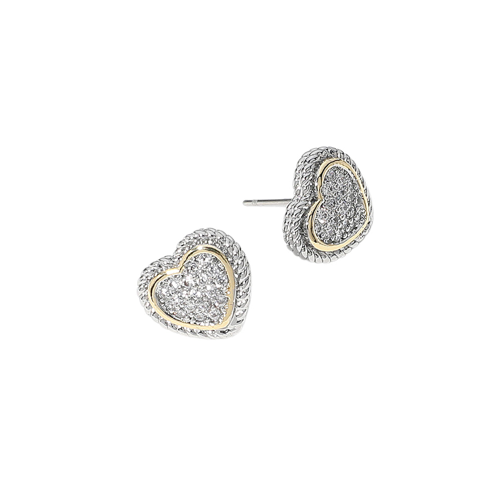Two-Tone CZ Paved Heart Stud Earrings
