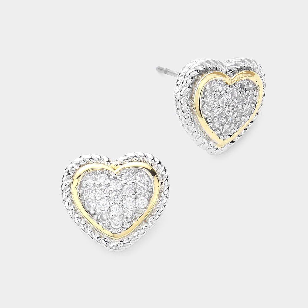 Two-Tone CZ Paved Heart Stud Earrings