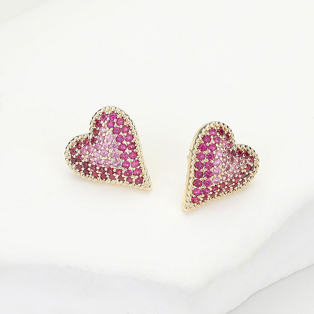 14K Gold Plated CZ Stone Paved Heart Earrings