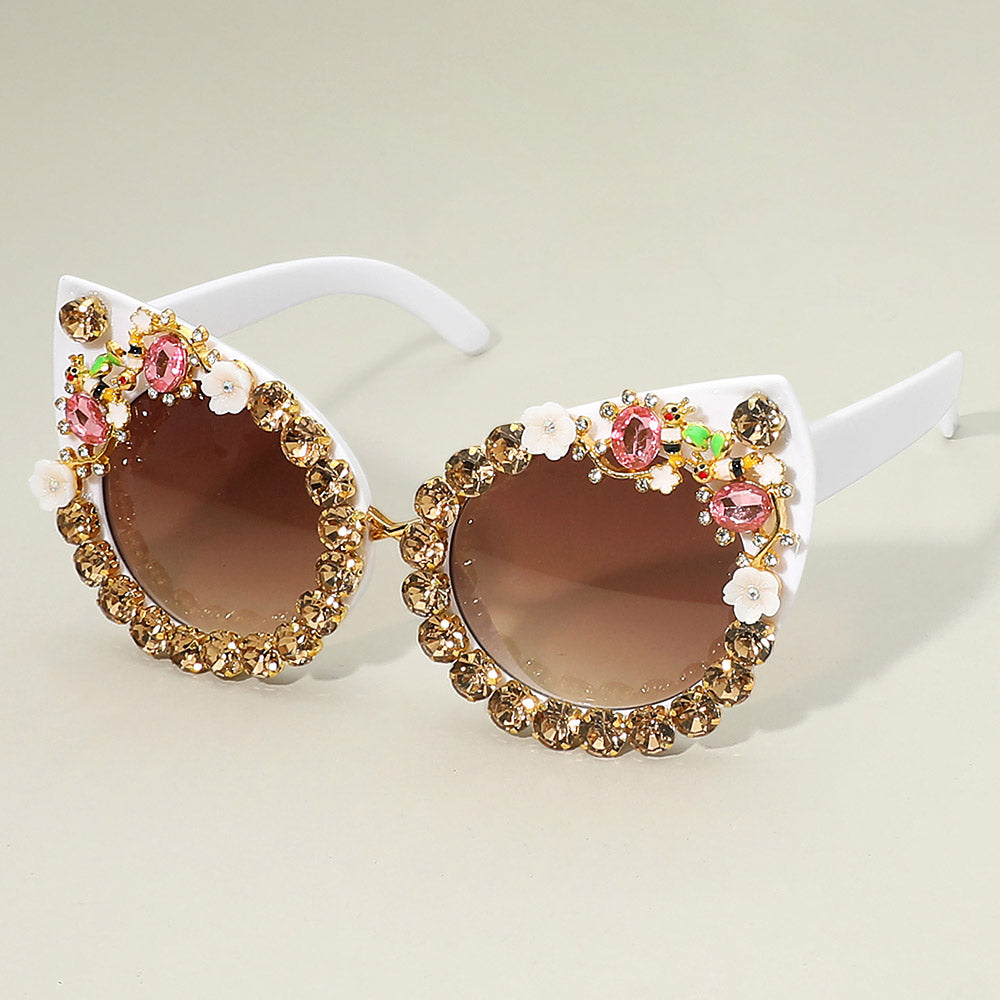 White Floral Vine Stone Embellished Cat Eye Frame Fashion Sunglasses